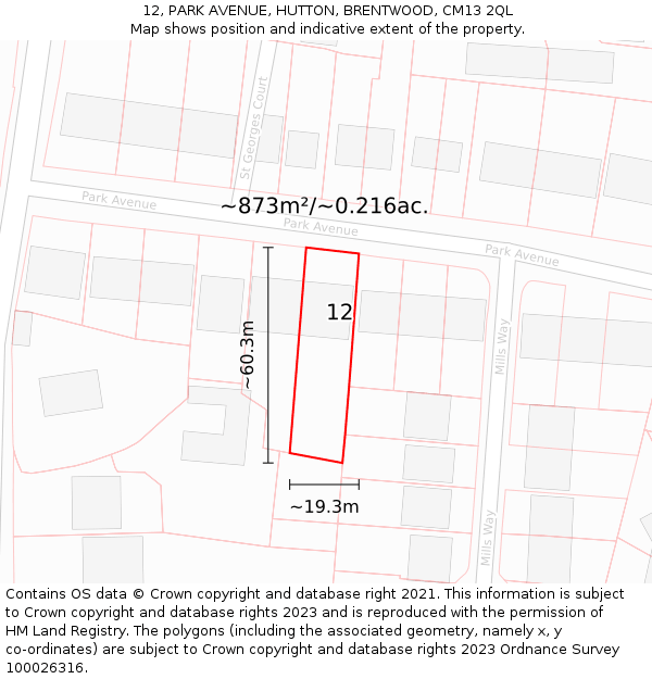 12, PARK AVENUE, HUTTON, BRENTWOOD, CM13 2QL: Plot and title map
