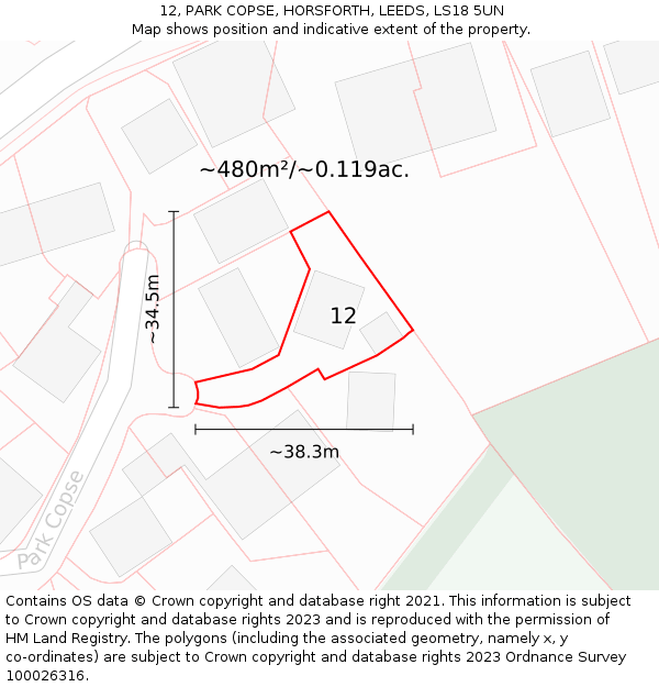 12, PARK COPSE, HORSFORTH, LEEDS, LS18 5UN: Plot and title map