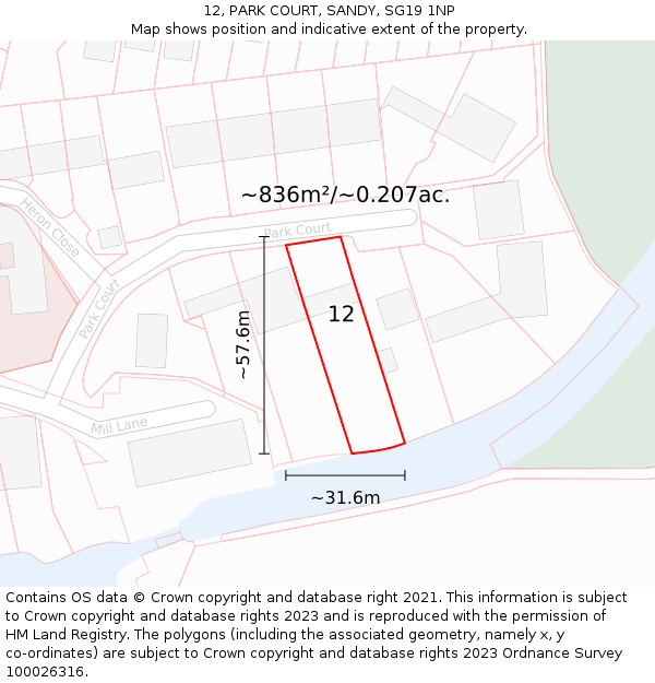 12, PARK COURT, SANDY, SG19 1NP: Plot and title map