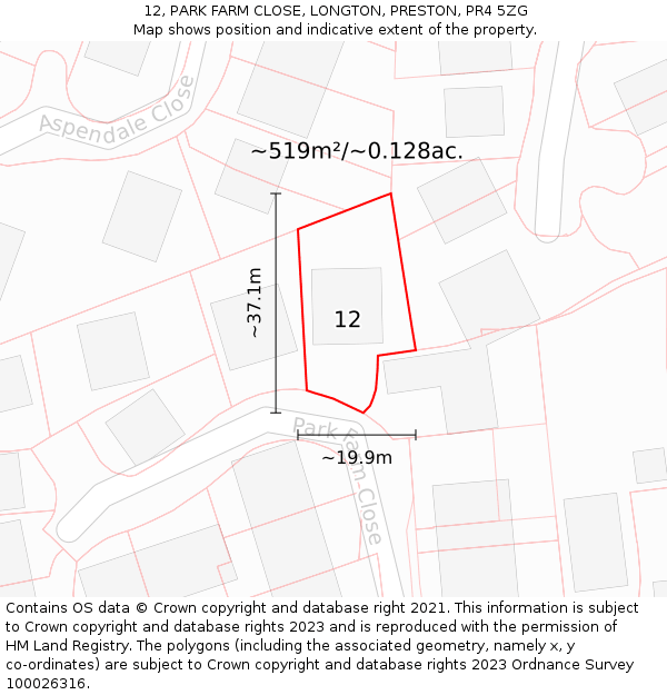 12, PARK FARM CLOSE, LONGTON, PRESTON, PR4 5ZG: Plot and title map
