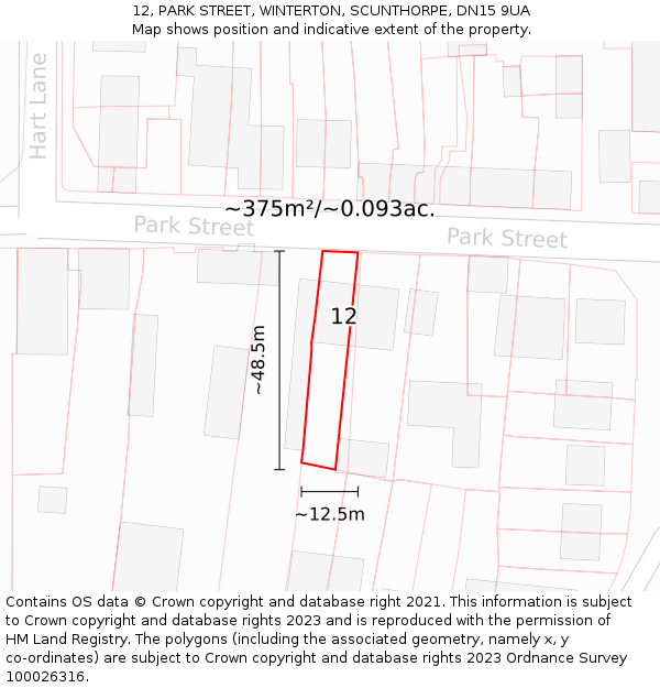 12, PARK STREET, WINTERTON, SCUNTHORPE, DN15 9UA: Plot and title map