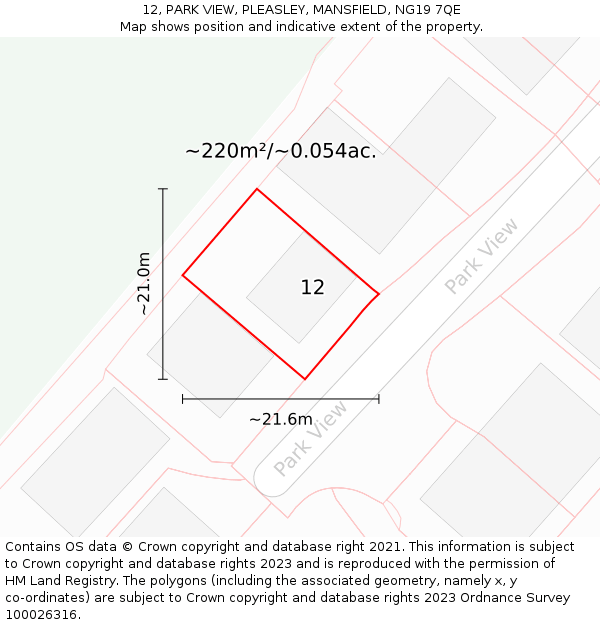 12, PARK VIEW, PLEASLEY, MANSFIELD, NG19 7QE: Plot and title map