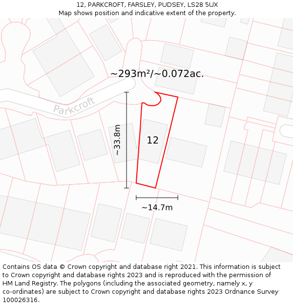 12, PARKCROFT, FARSLEY, PUDSEY, LS28 5UX: Plot and title map