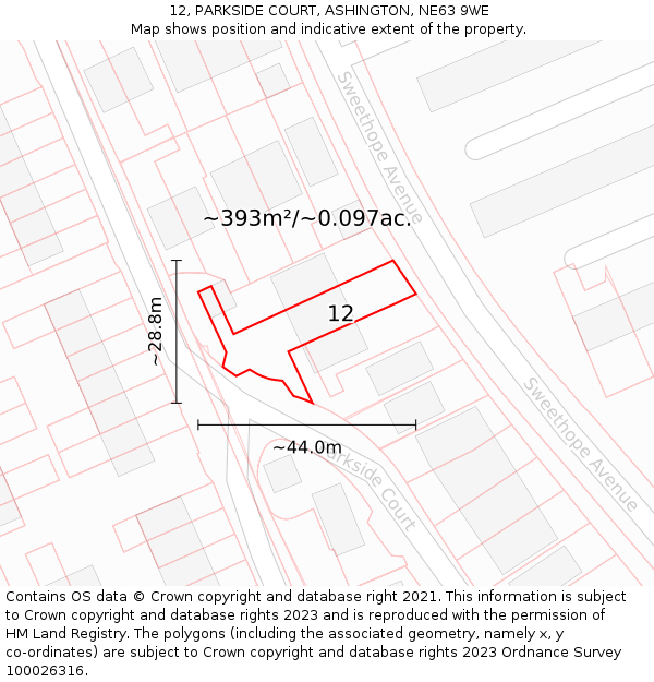12, PARKSIDE COURT, ASHINGTON, NE63 9WE: Plot and title map