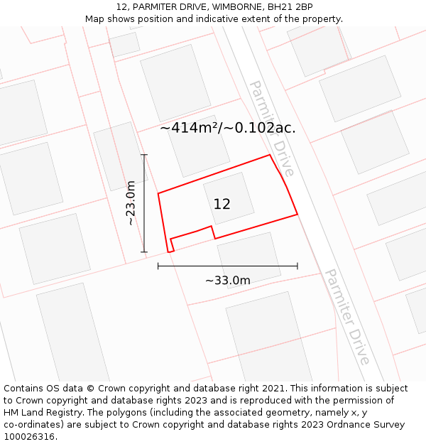 12, PARMITER DRIVE, WIMBORNE, BH21 2BP: Plot and title map