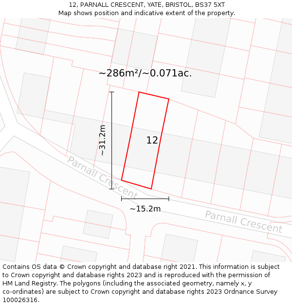 12, PARNALL CRESCENT, YATE, BRISTOL, BS37 5XT: Plot and title map