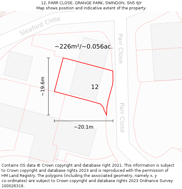 12, PARR CLOSE, GRANGE PARK, SWINDON, SN5 6JY: Plot and title map