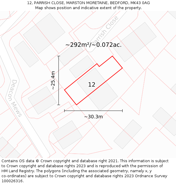 12, PARRISH CLOSE, MARSTON MORETAINE, BEDFORD, MK43 0AG: Plot and title map