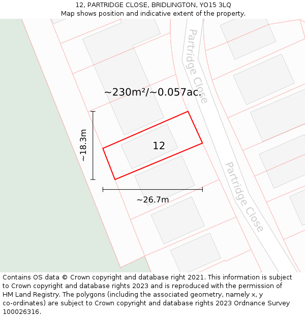 12, PARTRIDGE CLOSE, BRIDLINGTON, YO15 3LQ: Plot and title map