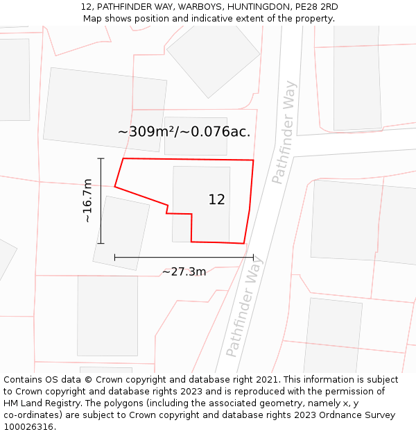 12, PATHFINDER WAY, WARBOYS, HUNTINGDON, PE28 2RD: Plot and title map