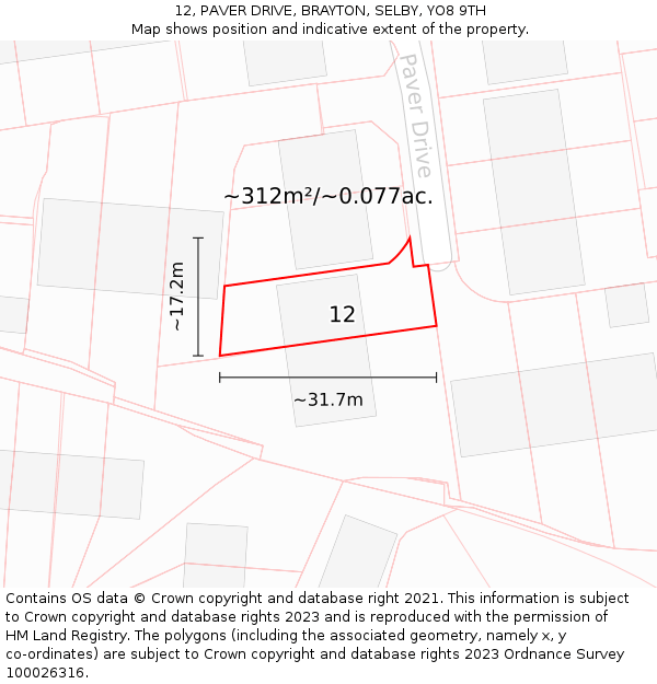 12, PAVER DRIVE, BRAYTON, SELBY, YO8 9TH: Plot and title map