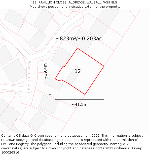 12, PAVILLION CLOSE, ALDRIDGE, WALSALL, WS9 8LS: Plot and title map