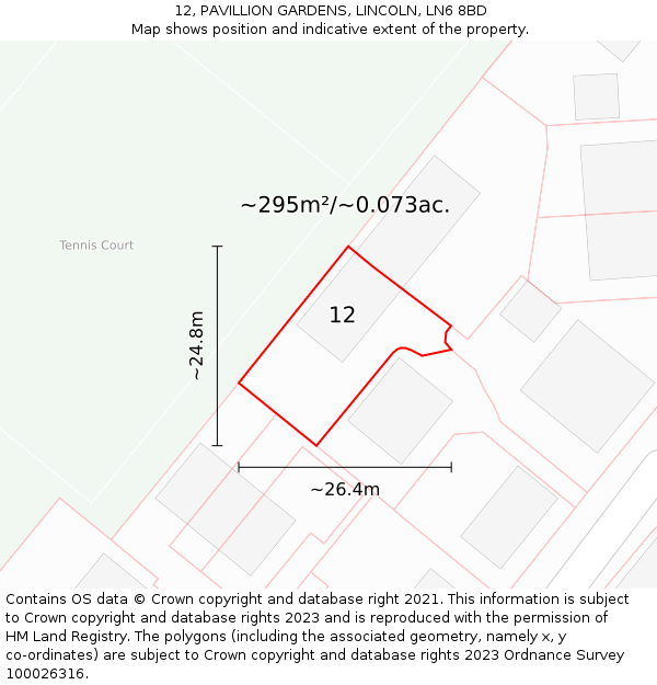 12, PAVILLION GARDENS, LINCOLN, LN6 8BD: Plot and title map