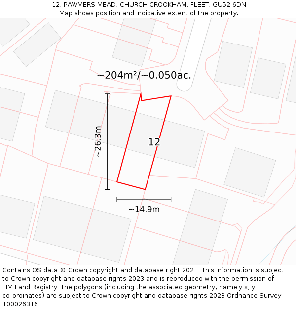 12, PAWMERS MEAD, CHURCH CROOKHAM, FLEET, GU52 6DN: Plot and title map