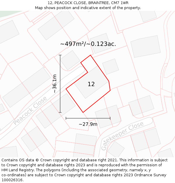 12, PEACOCK CLOSE, BRAINTREE, CM7 1WR: Plot and title map