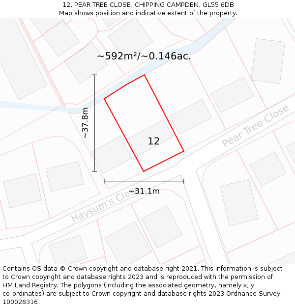 12, PEAR TREE CLOSE, CHIPPING CAMPDEN, GL55 6DB: Plot and title map