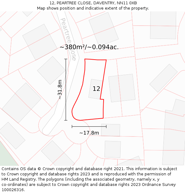 12, PEARTREE CLOSE, DAVENTRY, NN11 0XB: Plot and title map