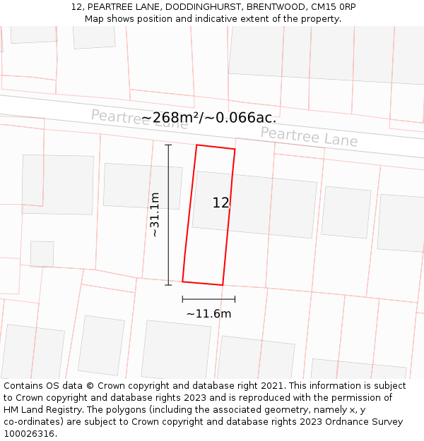 12, PEARTREE LANE, DODDINGHURST, BRENTWOOD, CM15 0RP: Plot and title map