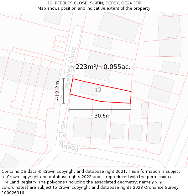 12, PEEBLES CLOSE, SINFIN, DERBY, DE24 3DR: Plot and title map
