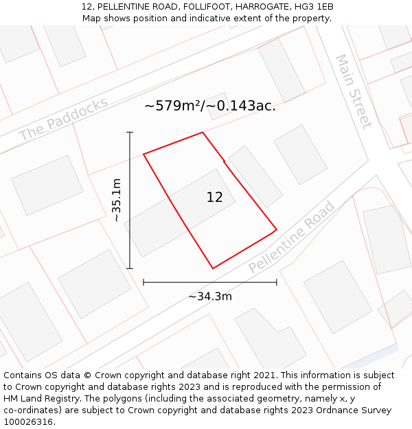 12, PELLENTINE ROAD, FOLLIFOOT, HARROGATE, HG3 1EB: Plot and title map