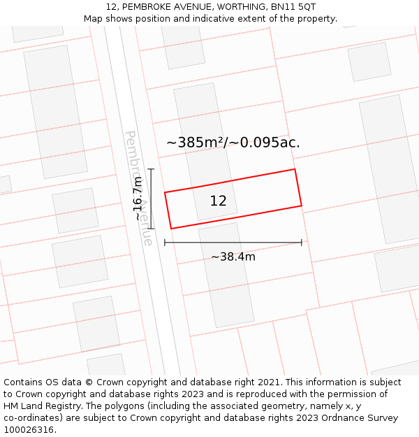 12, PEMBROKE AVENUE, WORTHING, BN11 5QT: Plot and title map