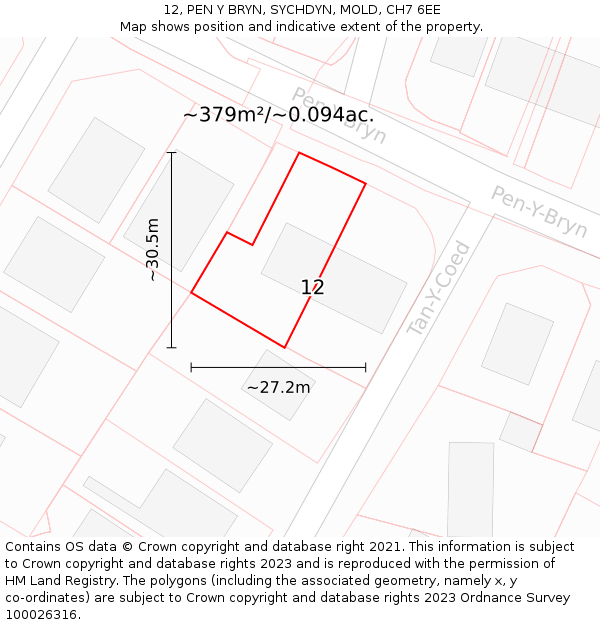 12, PEN Y BRYN, SYCHDYN, MOLD, CH7 6EE: Plot and title map