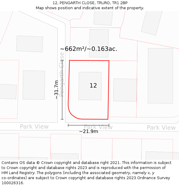 12, PENGARTH CLOSE, TRURO, TR1 2BP: Plot and title map