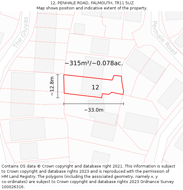 12, PENHALE ROAD, FALMOUTH, TR11 5UZ: Plot and title map