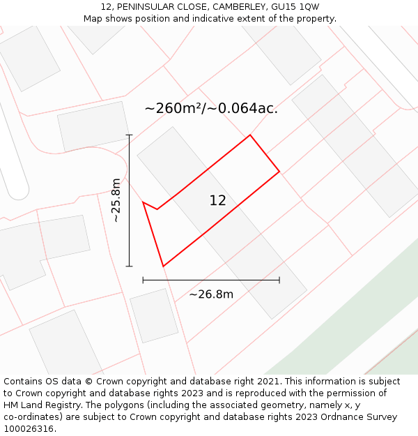 12, PENINSULAR CLOSE, CAMBERLEY, GU15 1QW: Plot and title map