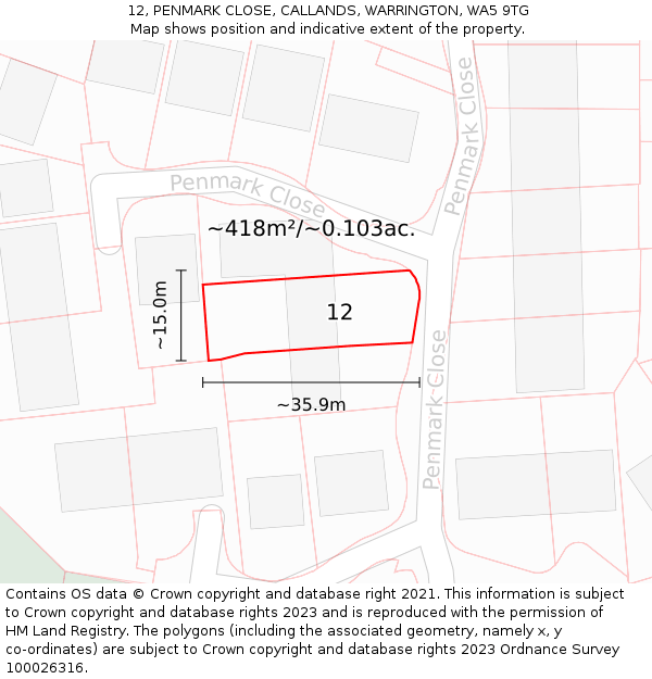12, PENMARK CLOSE, CALLANDS, WARRINGTON, WA5 9TG: Plot and title map