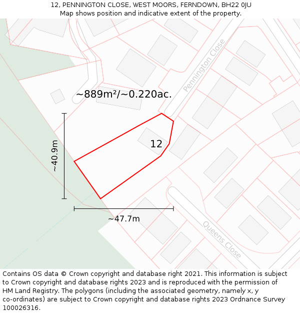 12, PENNINGTON CLOSE, WEST MOORS, FERNDOWN, BH22 0JU: Plot and title map