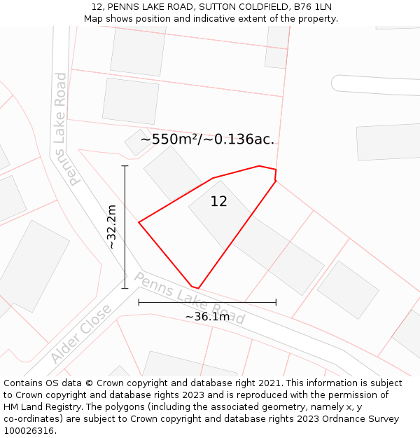 12, PENNS LAKE ROAD, SUTTON COLDFIELD, B76 1LN: Plot and title map
