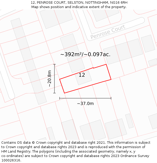 12, PENROSE COURT, SELSTON, NOTTINGHAM, NG16 6RH: Plot and title map
