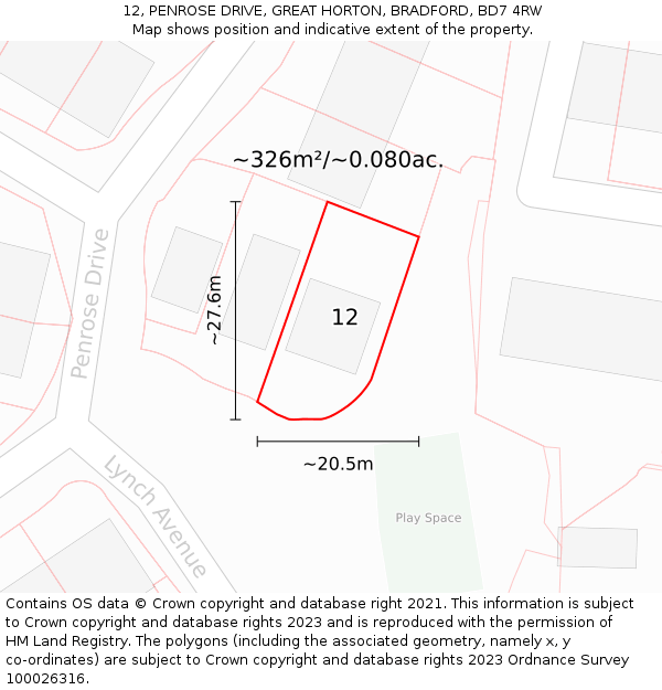 12, PENROSE DRIVE, GREAT HORTON, BRADFORD, BD7 4RW: Plot and title map