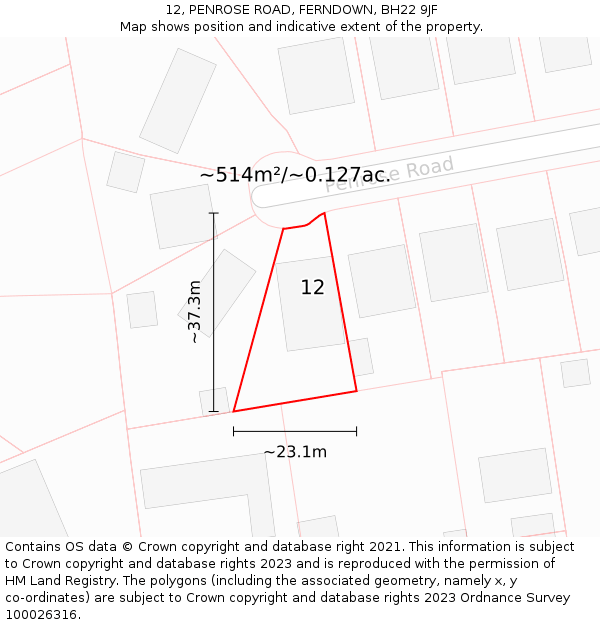 12, PENROSE ROAD, FERNDOWN, BH22 9JF: Plot and title map