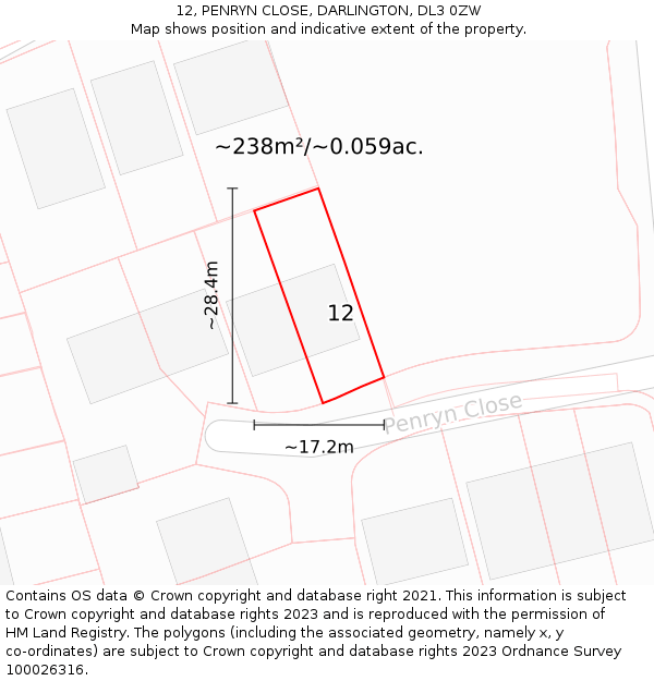 12, PENRYN CLOSE, DARLINGTON, DL3 0ZW: Plot and title map