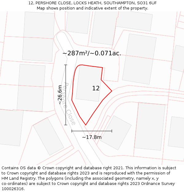 12, PERSHORE CLOSE, LOCKS HEATH, SOUTHAMPTON, SO31 6UF: Plot and title map
