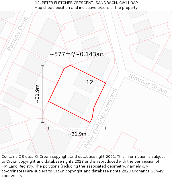 12, PETER FLETCHER CRESCENT, SANDBACH, CW11 3AP: Plot and title map