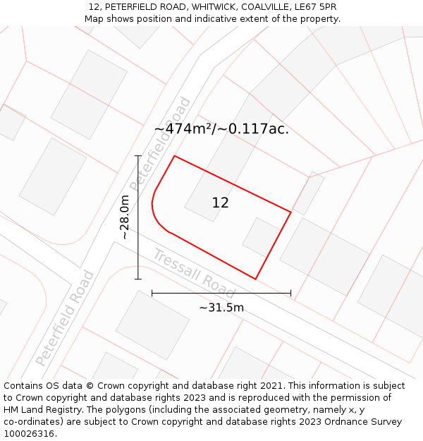 12, PETERFIELD ROAD, WHITWICK, COALVILLE, LE67 5PR: Plot and title map