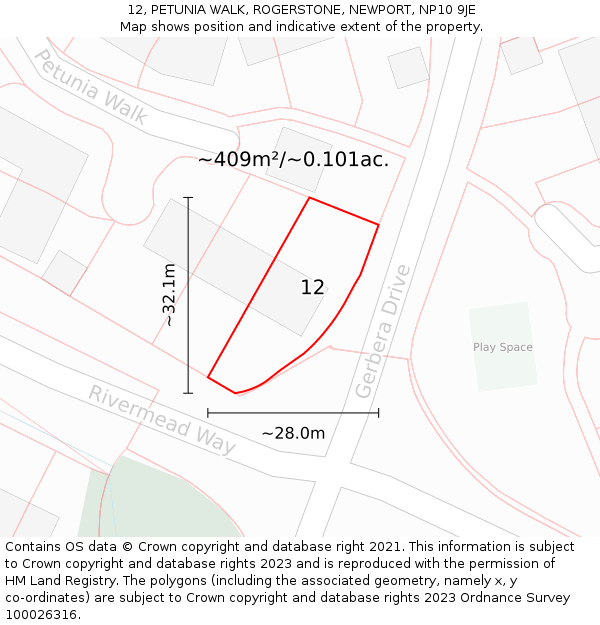 12, PETUNIA WALK, ROGERSTONE, NEWPORT, NP10 9JE: Plot and title map