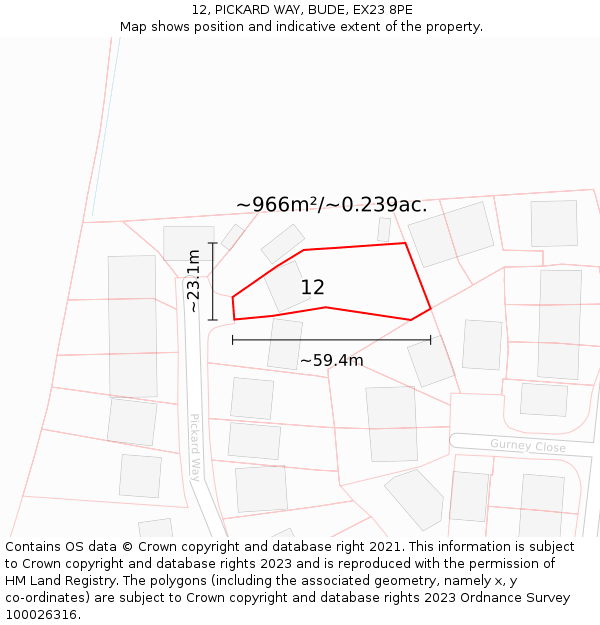 12, PICKARD WAY, BUDE, EX23 8PE: Plot and title map