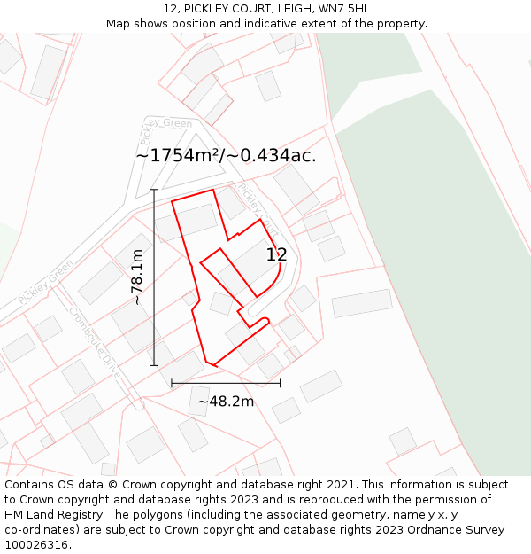 12, PICKLEY COURT, LEIGH, WN7 5HL: Plot and title map