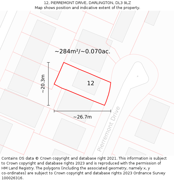 12, PIERREMONT DRIVE, DARLINGTON, DL3 9LZ: Plot and title map