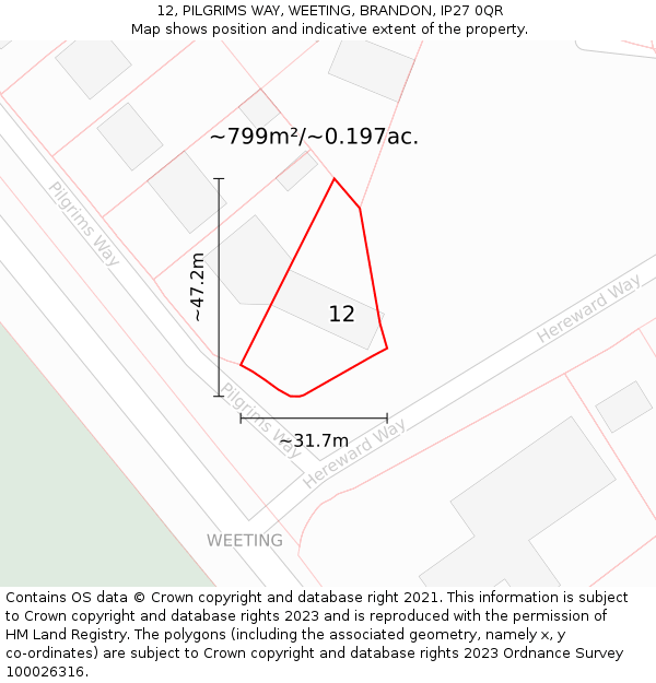 12, PILGRIMS WAY, WEETING, BRANDON, IP27 0QR: Plot and title map