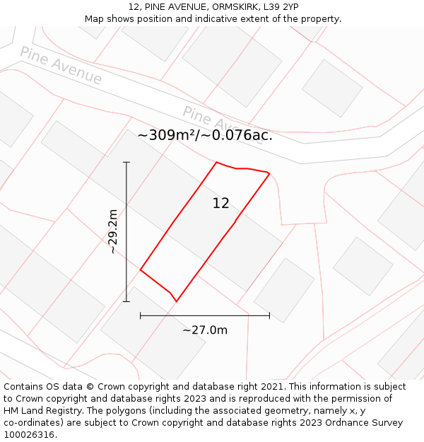 12, PINE AVENUE, ORMSKIRK, L39 2YP: Plot and title map