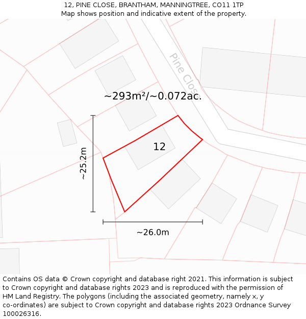 12, PINE CLOSE, BRANTHAM, MANNINGTREE, CO11 1TP: Plot and title map