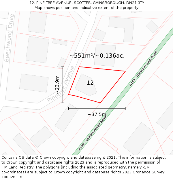 12, PINE TREE AVENUE, SCOTTER, GAINSBOROUGH, DN21 3TY: Plot and title map