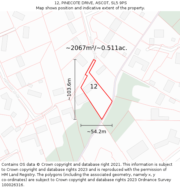 12, PINECOTE DRIVE, ASCOT, SL5 9PS: Plot and title map