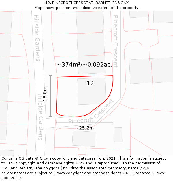 12, PINECROFT CRESCENT, BARNET, EN5 2NX: Plot and title map
