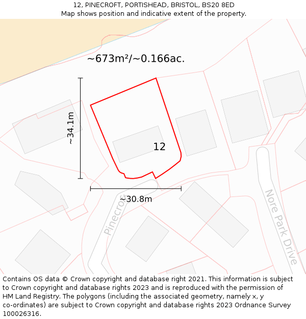 12, PINECROFT, PORTISHEAD, BRISTOL, BS20 8ED: Plot and title map